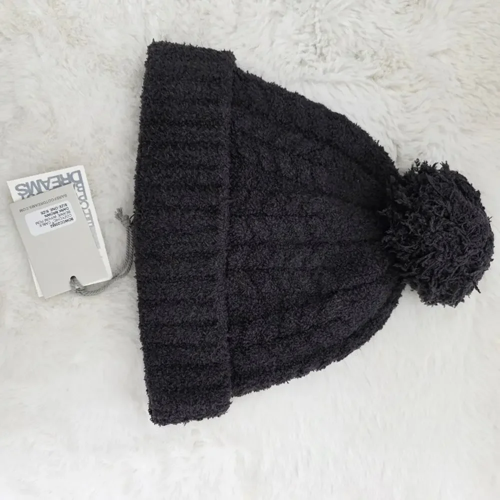 Barefoot Dreams CozyChic Cable Knit Pom Pom Beanie Dark Brown NWT BDWCC20562 OS